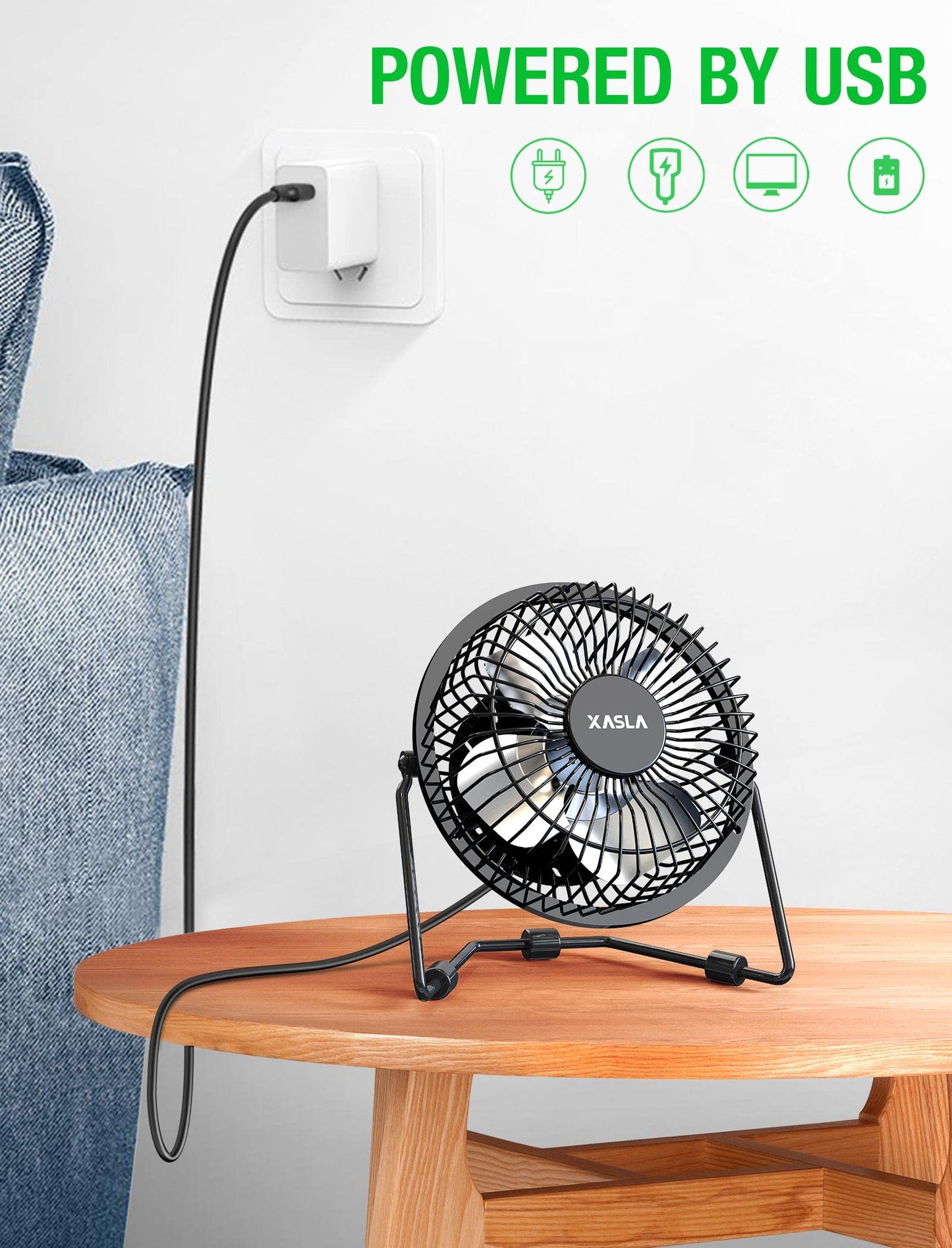 xasla 4 Inch Small USB Desk Fan, Mini Quiet Fan with Metal Construction & Strong Airflow & 360°Adjustable Tilt Angle, Personal Cooling Fan for Desktop