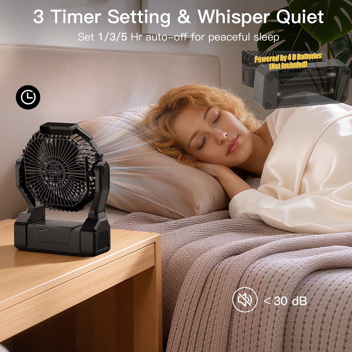 Battery Operated Fan, 2-in-1 D-Cell Battery & USB Powered Portable Fan with 4 Speeds, 3 Timers & 2 Light Modes, Super Long Lasting Camping Fan