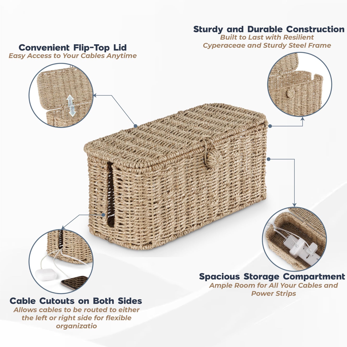 2-Pack Large Cable Management Box, Natural Rattan Cable Cord Organizer Boxes for Power Strip - 2 Open Slots Cords Hider Box for TV Wires, Computer