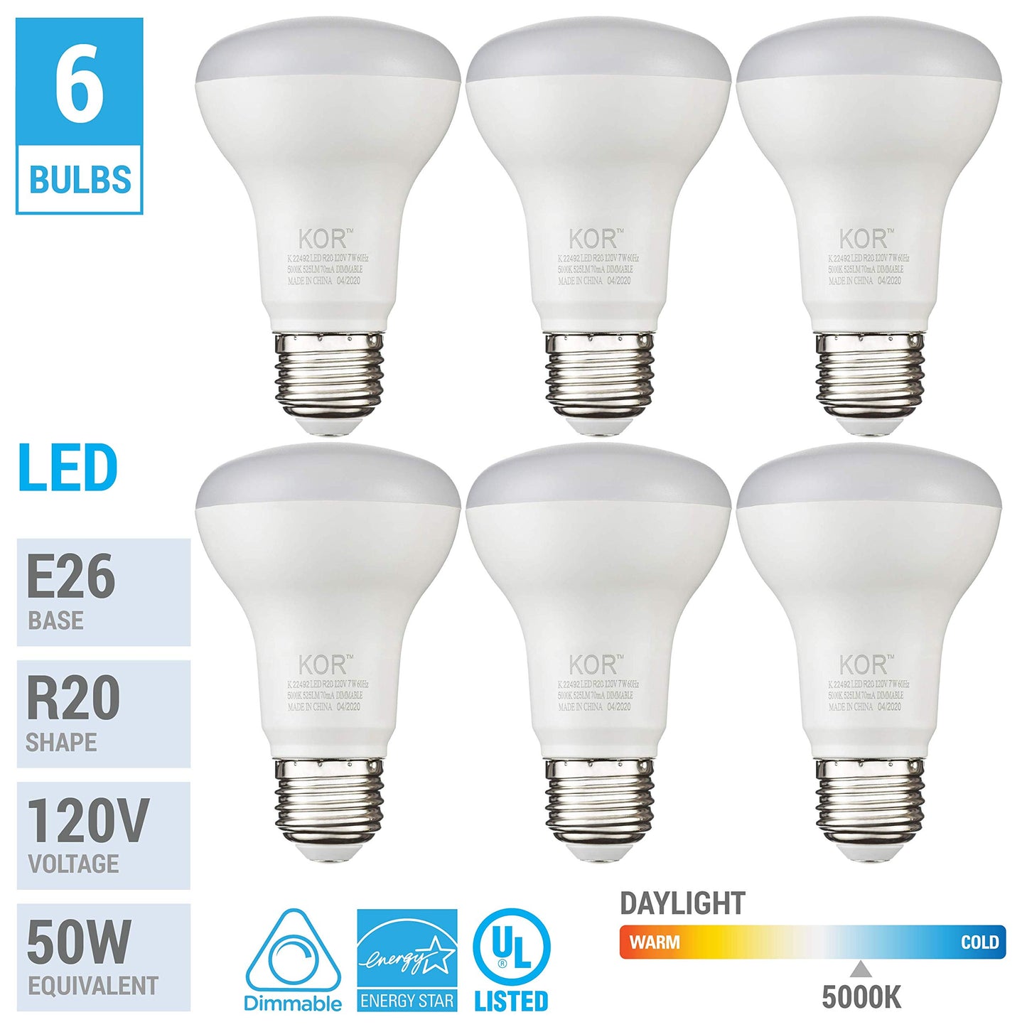 KOR R20 LED Flood Light Bulbs, 50W Equivalent, 5000K Bright White, 6-Pack