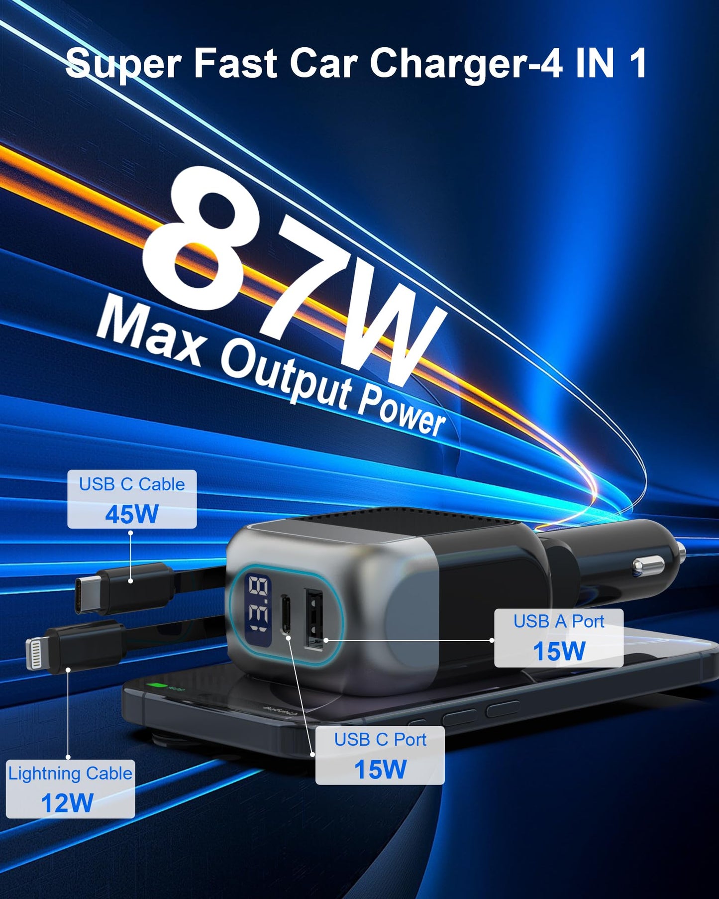 87W Retractable Car Charger, 4-in-1 Fast USB C Charging Car Adapter with 45W Type C Cable for iPhone 17/16 Pro Max & Samsung, 12W Lightning Cable
