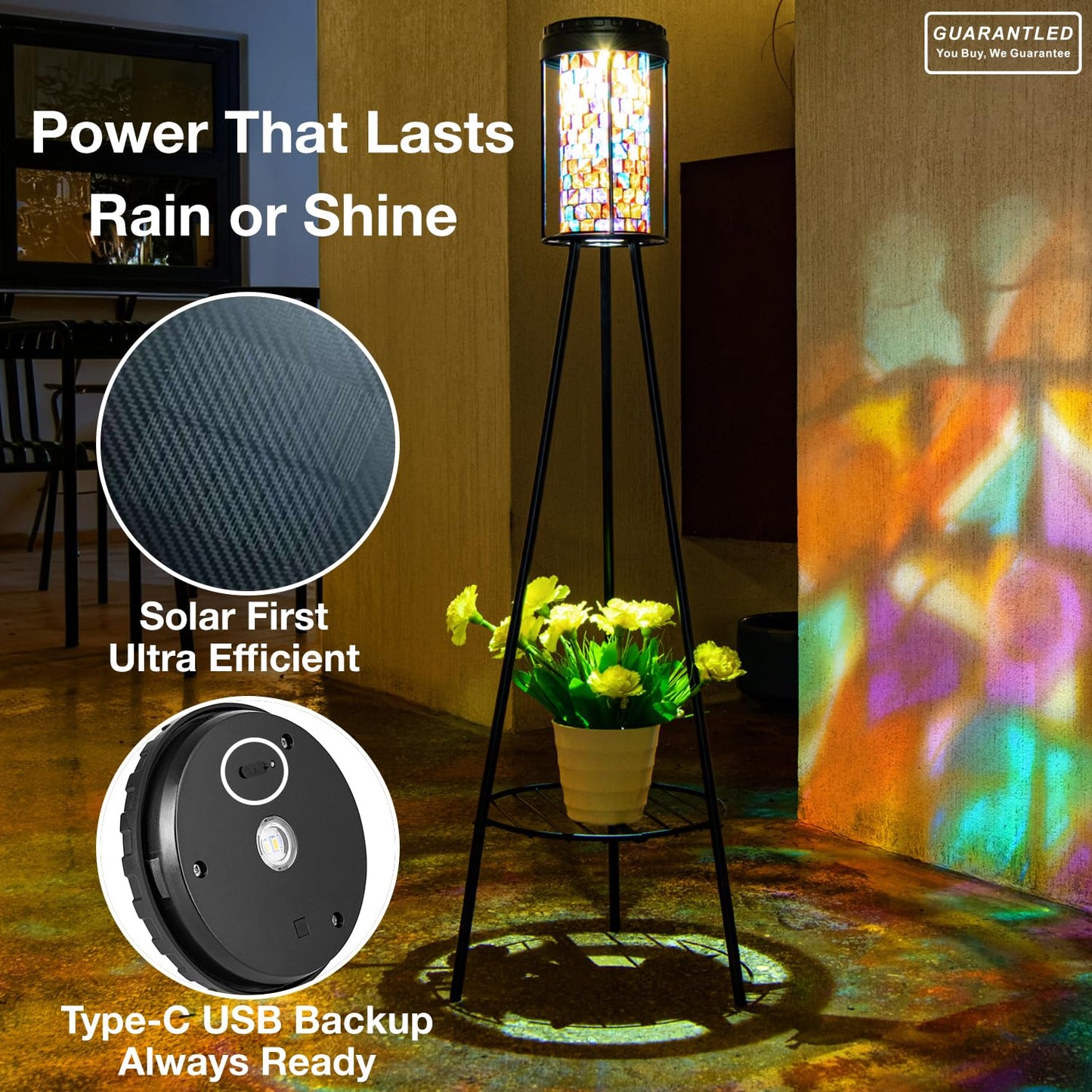 Outdoor Lamps for Patio, Outdoor Floor Lamp with Plant Stand, Solar Powered RGB Lights, Waterproof Standing Lamp for Garden Yard Décor, Stained Glass