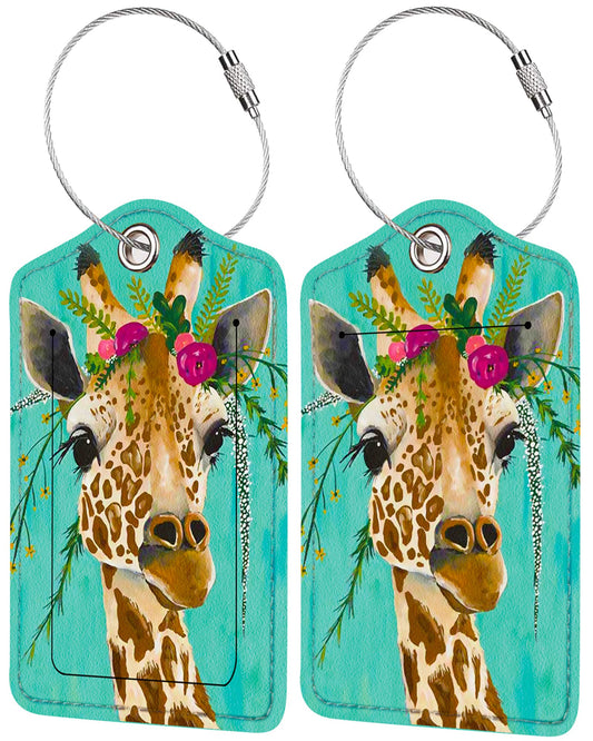 2 Pack Leather Luggage Tags – Cute Suitcase Identifiers with Privacy Cover, ID Label & Steel Loop for Travel Bags, Men, Women & Kids (Giraffe)