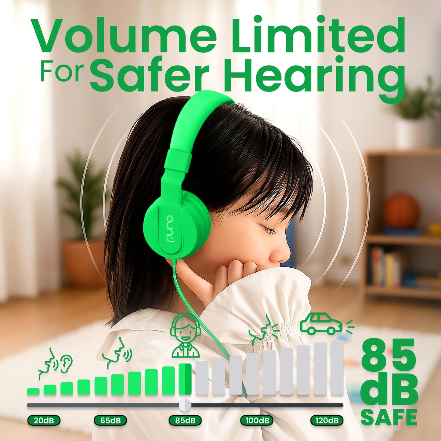 Puro Sound Labs - Kids Headphones, Volume-Limiting 85dB, PuroBasic, Green