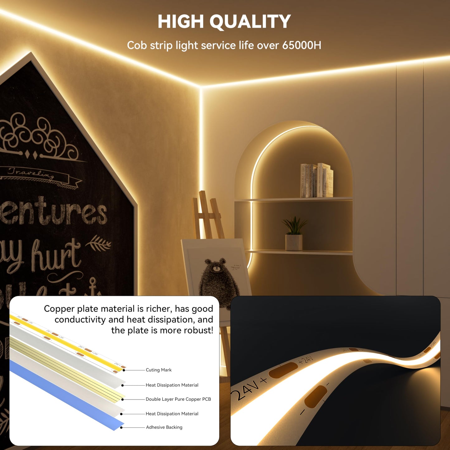 PAUTIX Smart COB LED Strip Light 32.8ft/10m,Warm White 2700K LED Strip,Compatible with Alexa/Google Assistant,Dimmable 24V LED COB Light Strip Kit