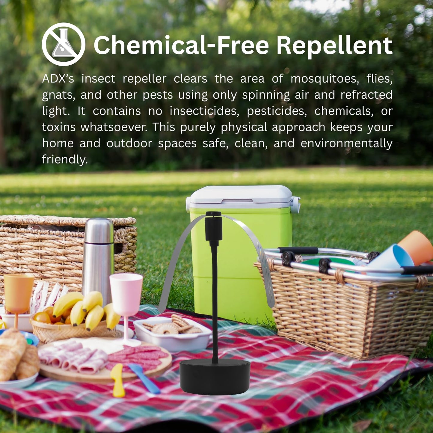 Adamax Black USB-C Rechargeable Fly Fan For Tables FF-BK-01, Outdoor Dining Accessory and BBQ Essential, Lightweight with Adjustable Neck, Picnic