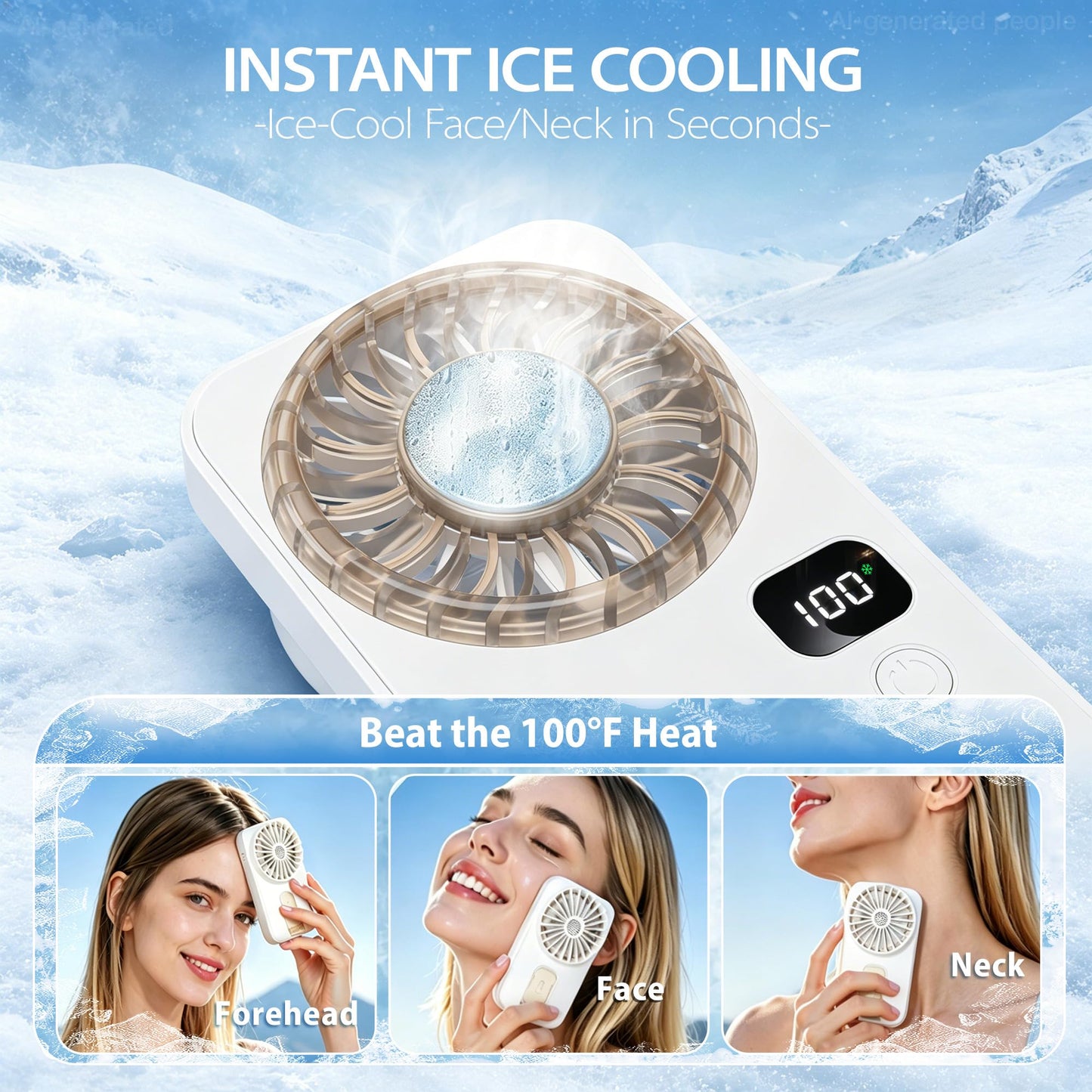 Riecin Portable Handheld Mini Fan, Semiconductor Personal Fan with Ice Cooling Plate, 100 Speed Wind, USB Rechargeabe Portable Fan with LED Display