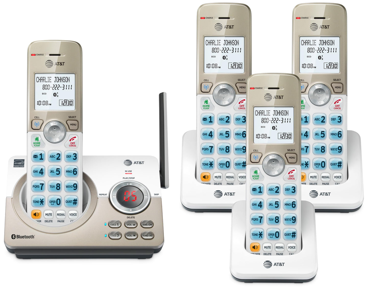 AT&T 4-Handset DECT 6.0 Expandable Cordless Home Phone with Large Display, Big Buttons, Answering Machine, Smart Call Blocker, Bluetooth Connect
