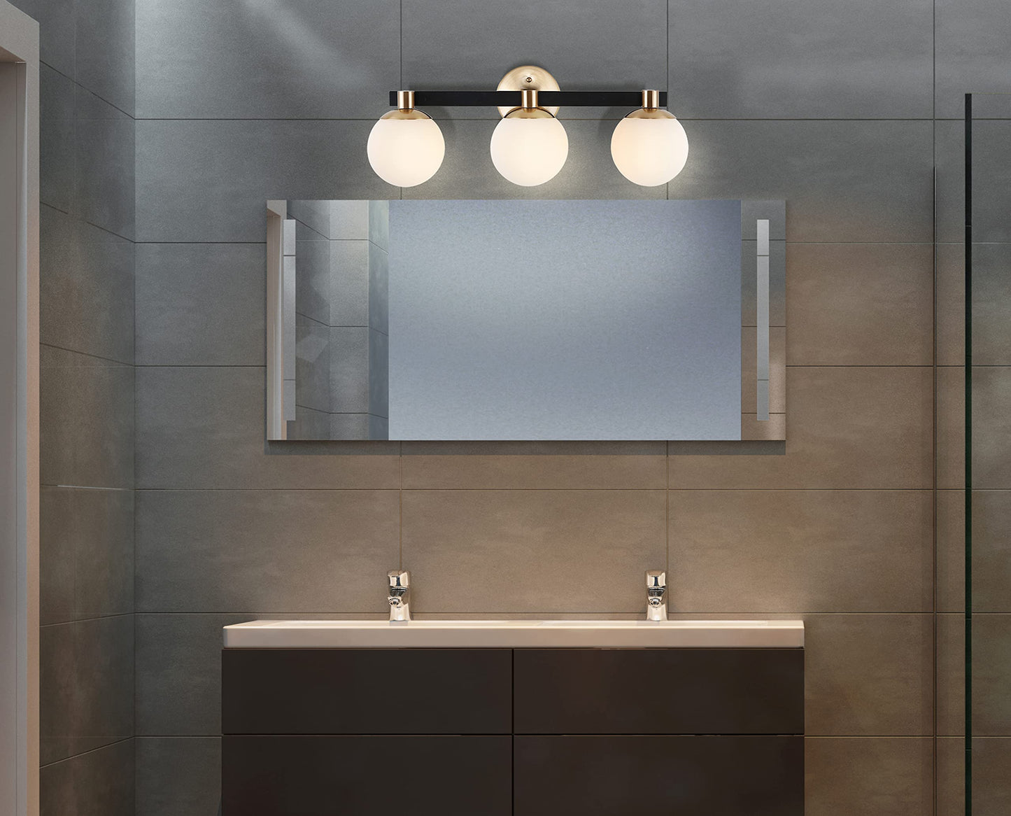 JONATHAN Y 24" Brass Gold/Black Modern Globe LED Vanity Wall Sconce Light, White Frosted Glass Shade, Mid-Century Art Deco Wall Lamp for Bathroom