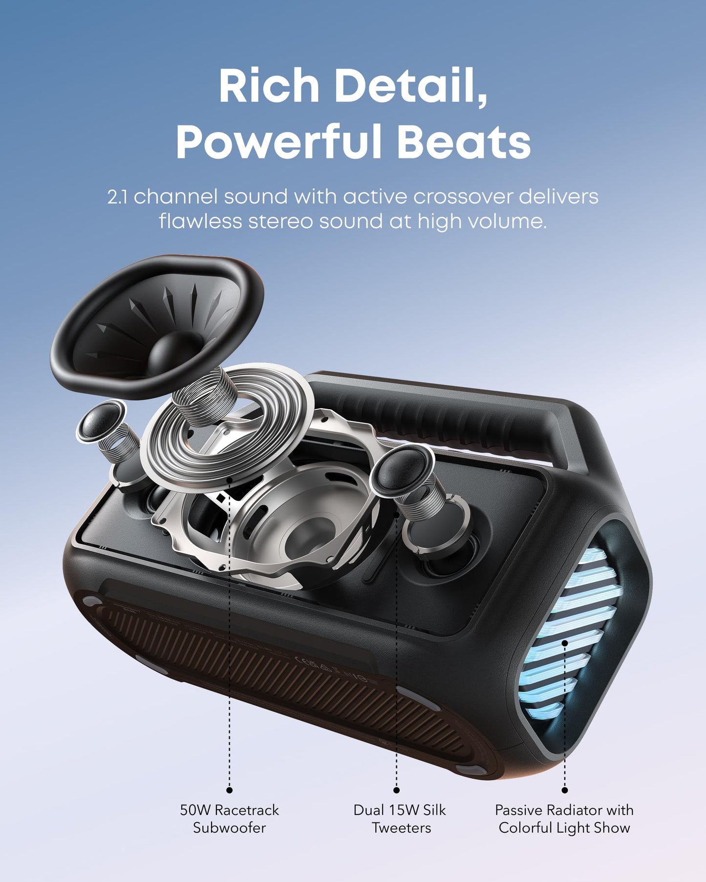 Soundcore Boom 2 Outdoor Speaker, 80W, Subwoofer, BassUp 2.0, 24H Playtime, IPX7 Waterproof, Floatable, RGB Lights, USB-C, Custom EQ, Bluetooth 5.3