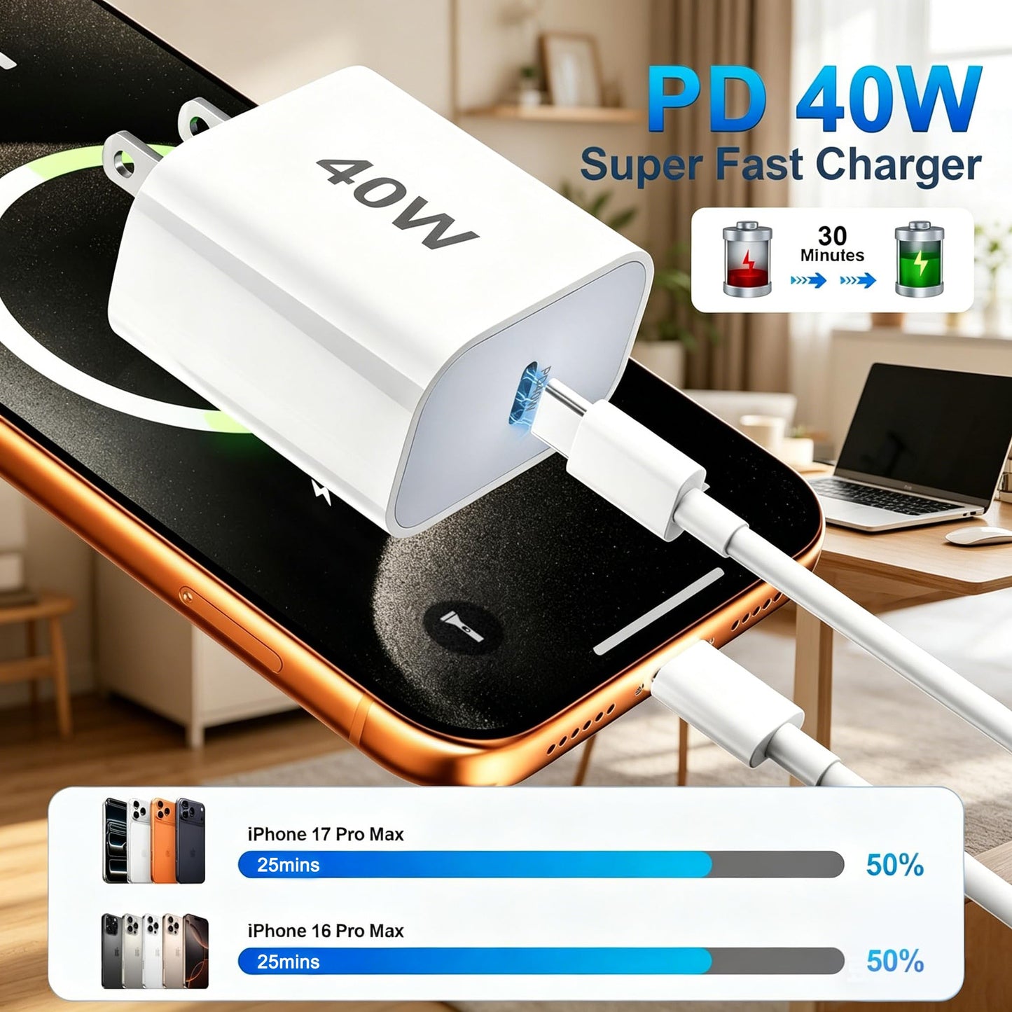 iPhone 17/Air Charger Fast Charging,[MFi Certified] 40W USB C Power Adapter Wall Charging Block Plug&USB C to C Cable Cord for iPhone 17e/17 Pro