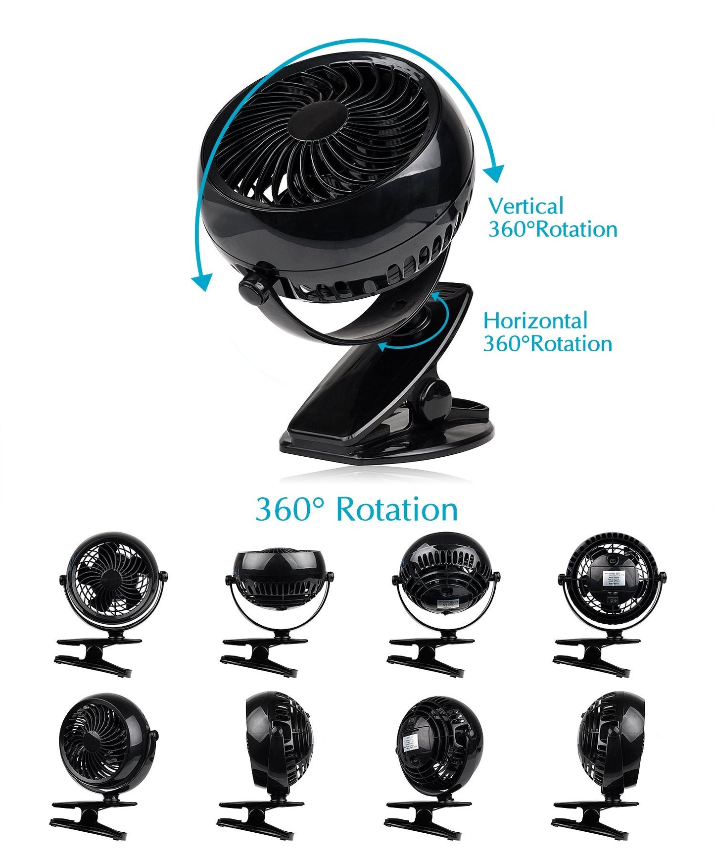 Gazeled Clip on Fan Battery Operated, 360° Rotation, with 8 Free AA Batteries, Quiet USB or Battery Operated Fan, 5'' Portable Battery Powered Clip on