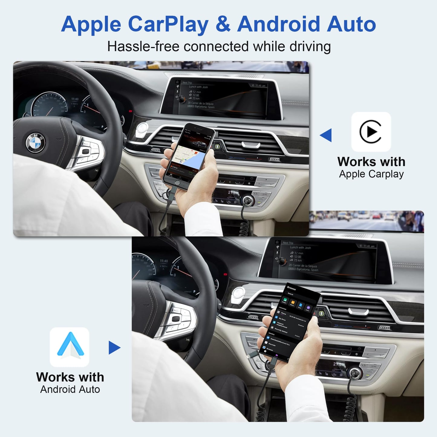 USB-C and Lightning Cable 4 in 1 Combo for Apple Carplay & Android Auto,[MFi Certified] Coiled iPhone Charger Cord- PD 60W Fast Charging & Data Sync…
