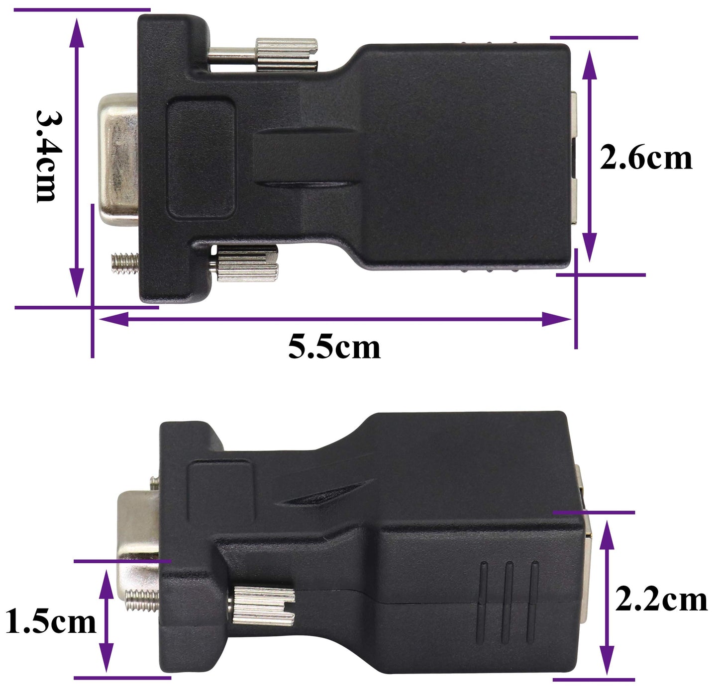 AAOTOKK 2-Pack RJ45 to VGA Adapter, 15-Pin VGA Female to RJ45 Female Port Cat5 Cat6 Cat7 Ethernet Support 720P, 1080I, 1080P Analog High-Definition