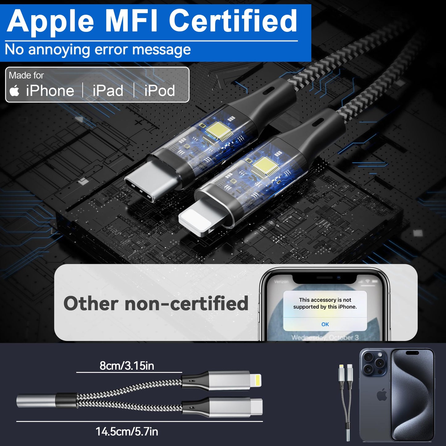 USB C and Lightning to 3.5 mm Headphone Adapter for iPhone - 2 in 1 USB C to 3.5mm & Lighting to 3.5mm Aux to USB C and Lightning Audio adapter