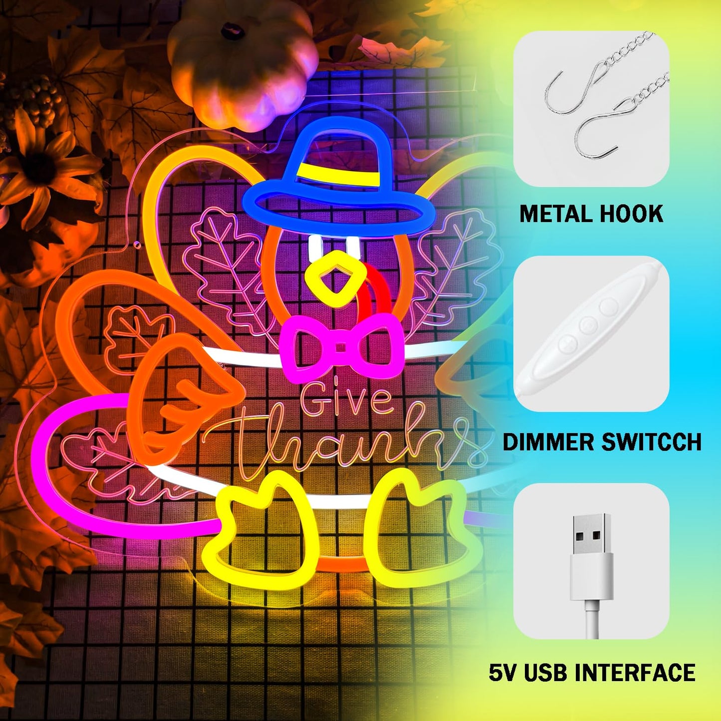 Turkey Neon Sign Thanksgiving Neon Sign Dimmable Thanksgiving Neon Light for Wall Decor Turkey Neon Light for Home Party Holiday Gift