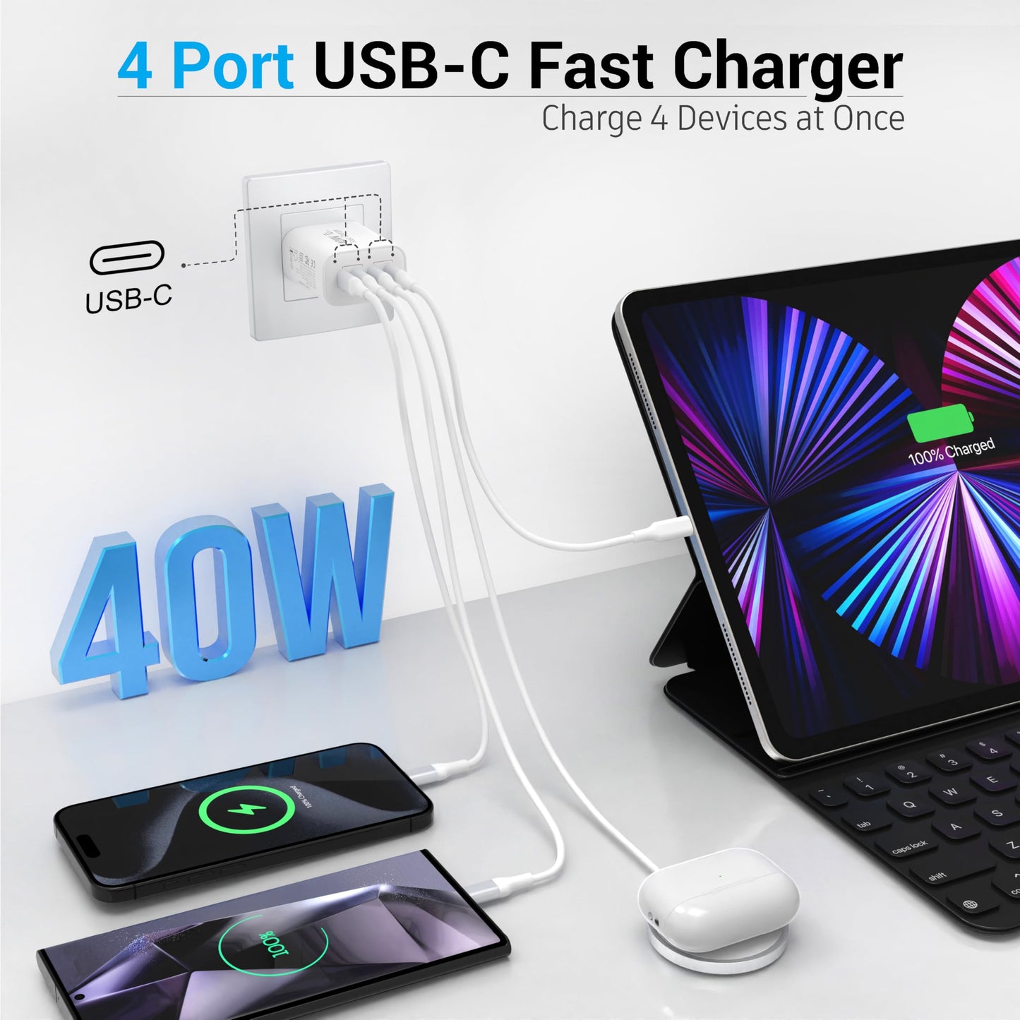 40W USB C Charger Block, 2-Pack, 4 USBC Ports, Type C Wall Plug USB-C Fast Charging, iPhone Charger Adapter Box Cube for iPhone 17, 17 Air, 17 Pro, 17