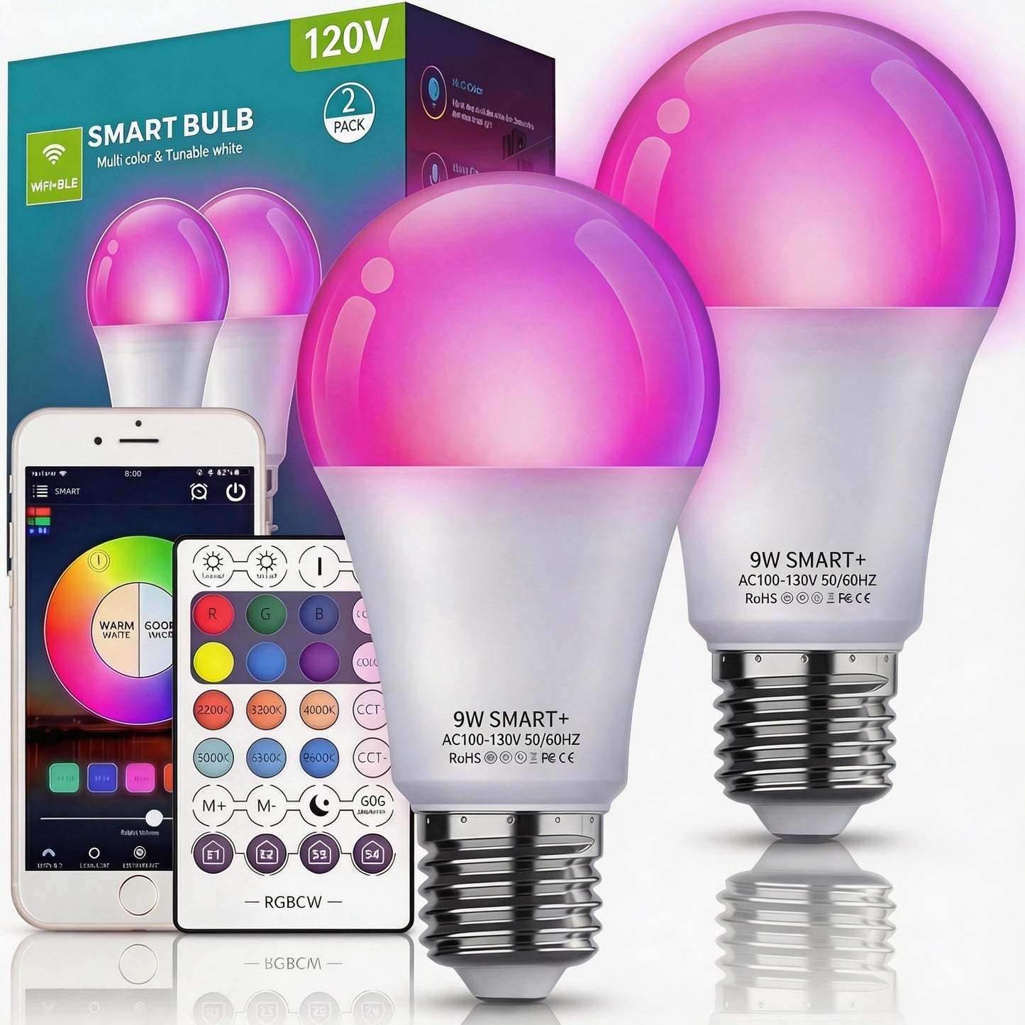 Nowepai Smart Light Bulbs with Remote, Color Changing Dimmable Multicolor LED Bulb, Works with Alexa & Google Home, 9W A19 E27 800LM WiFi Light Bulb
