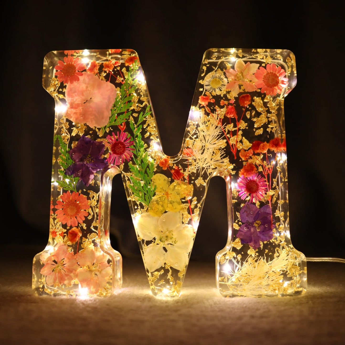 Sleeping Piggy Handmade Large Dried Floral Resin Night Light Letter with LED Lights for Women Girls Christmas Birthday Wedding Gifts (Letter M)