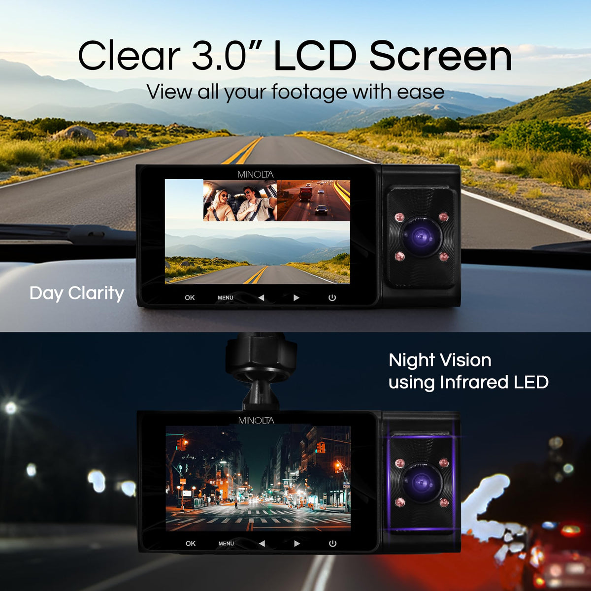 Minolta MNCD338T 3-Ch FHD Front Rear View 3" LCD Screen Dash Camera,B