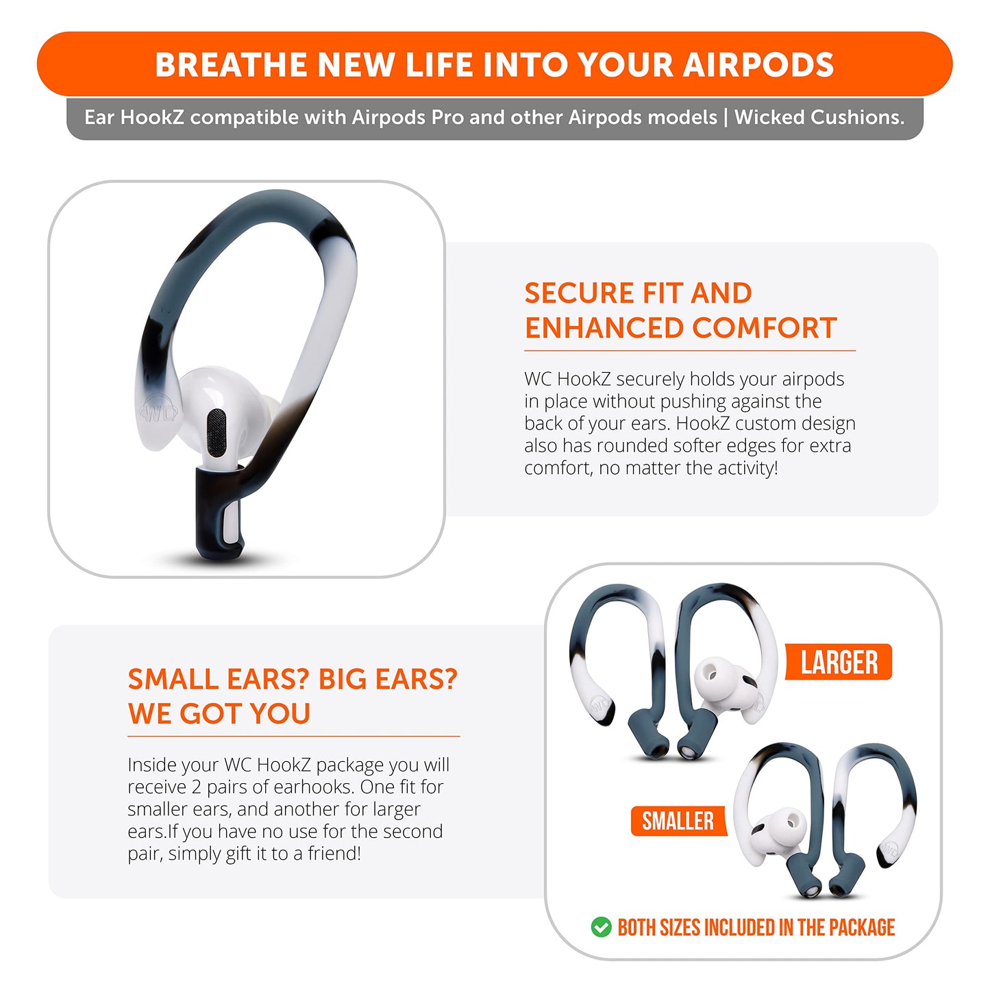 WC HookZ - Patented Upgraded Over Ear Hooks for AirPods Pro 1, 2 & AirPods 1, 2 & 3- Two Size Pairs Included in Package, Unique Left & Right Hook