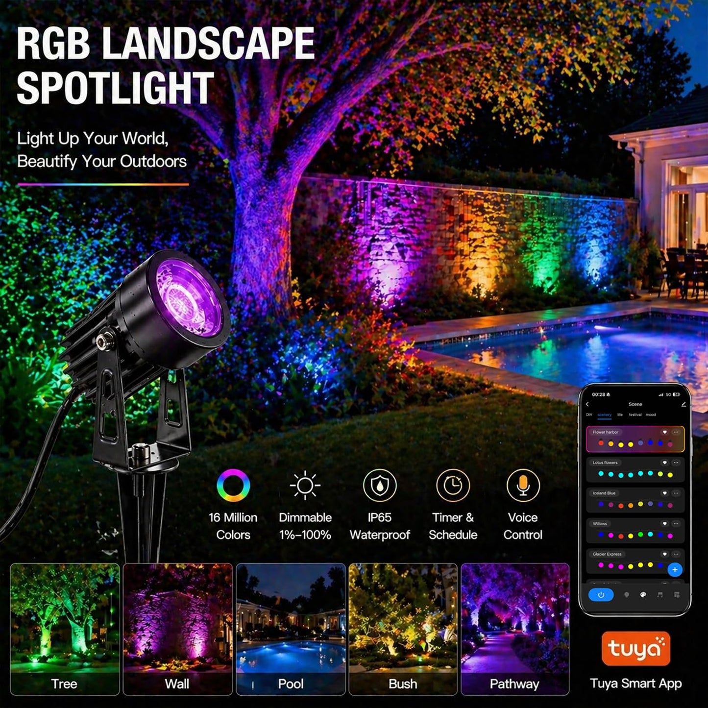 WISELUME RGBCW Smart Outdoor Landscape Lighting, 6 Pack Outdoor Spot Lights with Transformer, WiFi+Bluetooth App Control Garden Path Lights, Low