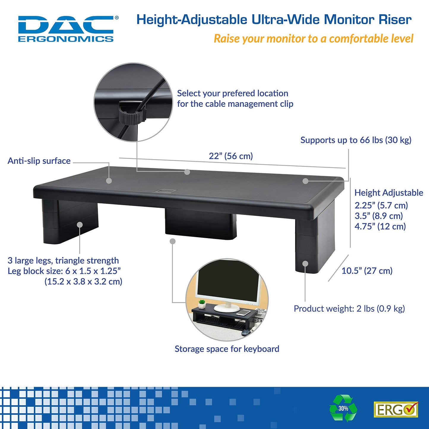 DAC STAX Ultrawide Adjustable, Stackable Desktop Computer Monitor Stand Laptop Riser, Supports up to 66 Pounds, with Keyboard Storage, Black (MP-211)