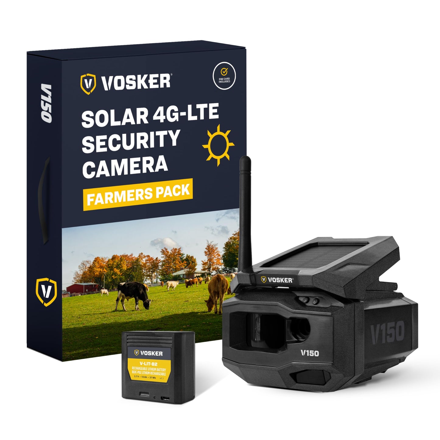 Vosker V150 Farm Pack 4G LTE Solar Security Camera, Wireless Outdoor Surveillance for Farms, Sheds and Equipment Monitoring, No Wi-Fi Required, Night