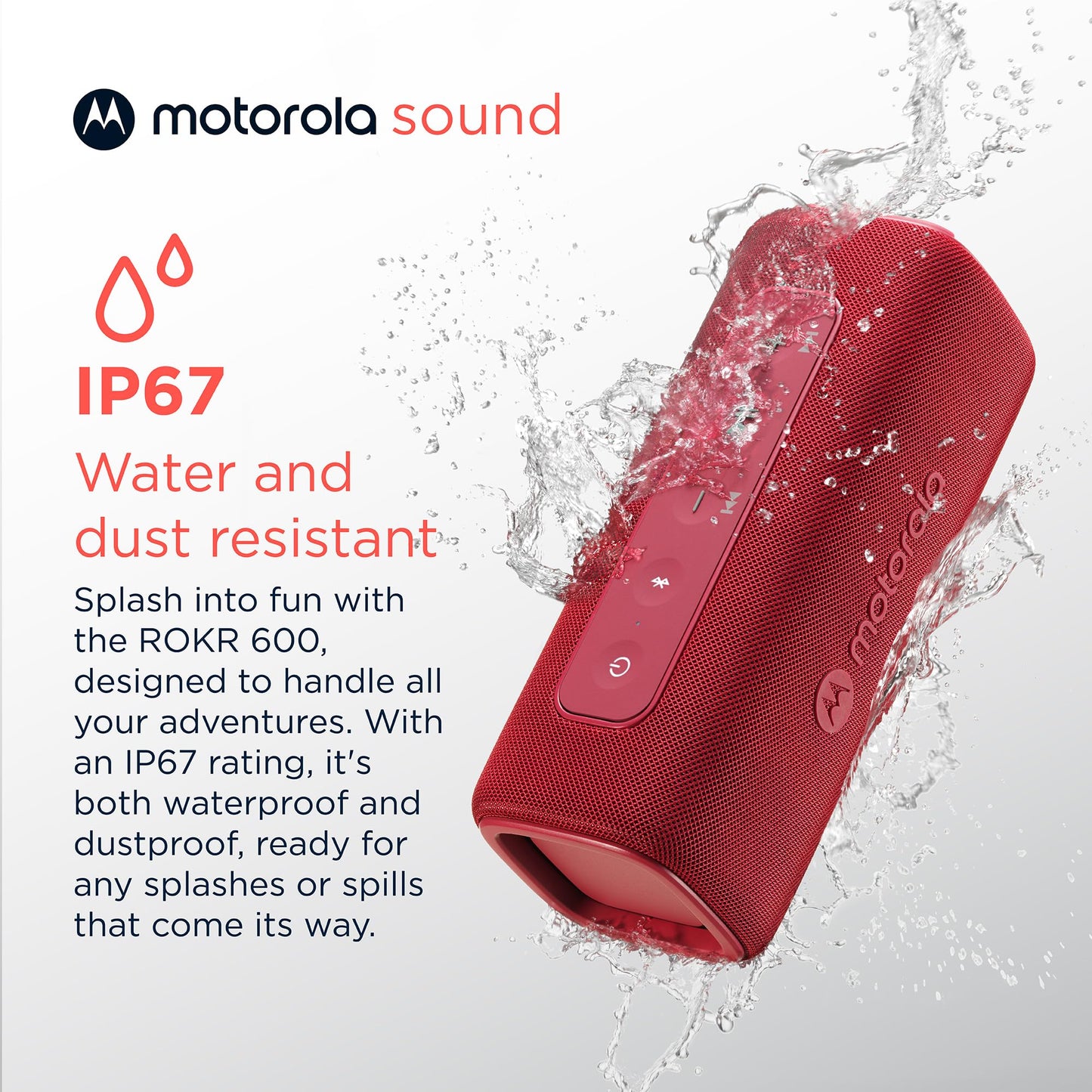 Motorola Sound ROKR 600 Portable Bluetooth Speaker, 6-Hour Playtime, IP67 Water Resistant, Speaker for Home/Outdoors, Compatible wtih iPhone, Red