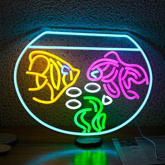 JLEWUINH Fish Tank Neon Sign USB Goldfish Shape Neon Light for Aesthetic Decor LED Koi Light Up Signs for Living Room Man Cave Fish Store Bar Wall