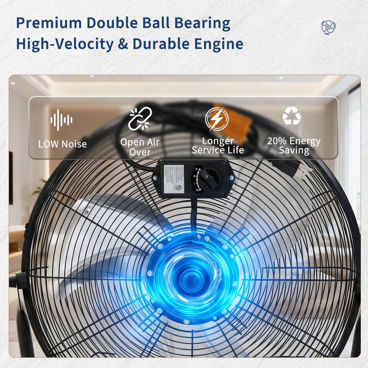 Garvee 18 Inch Floor Fan, 3 Speeds 3300 CFM High Velocity Heavy Duty Industrial Fan, 360° Adjustable Tilt & Carry Handle, 26.2 ft/s Airflow Metal Fan