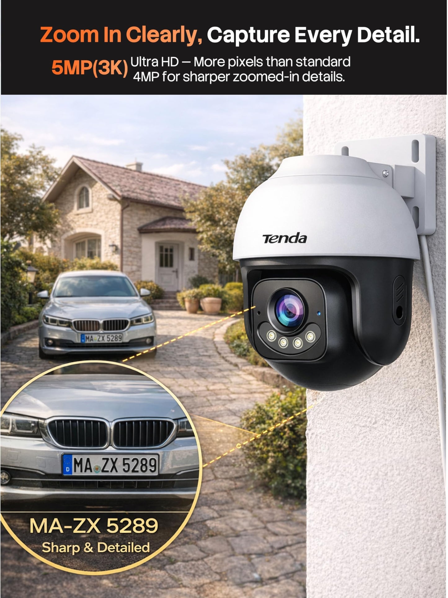 Tenda 5MP QHD Outdoor Pan/Tilt Wi-Fi Security Camera, 360° Full Coverage, Color Night Vision, AI Human/Vehicle/Motion Detection, 2-Way Talk, IP65