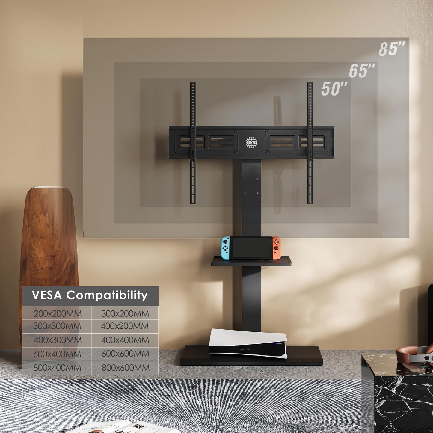 FITUEYES Floor TV Stand Iron Base with Swivel Mount for 50-85 Inch Large LCD/LED TVs Adjustable Shelf Tall Corner TV Stands for Bedroom and Living