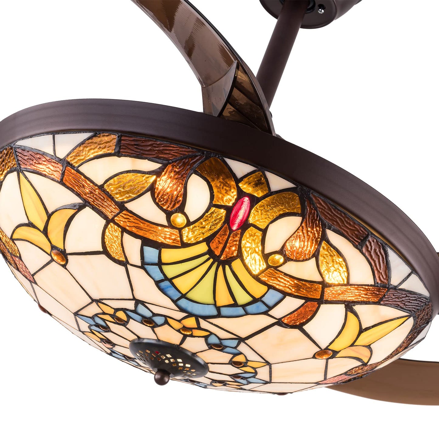 DRIKH 42" Tiffany Ceiling Fan Light,Stained Glass Chandelier Fan 3-Color Retractable LED Chandelier Lamp with 3-Speed Wind Speed Remote Control