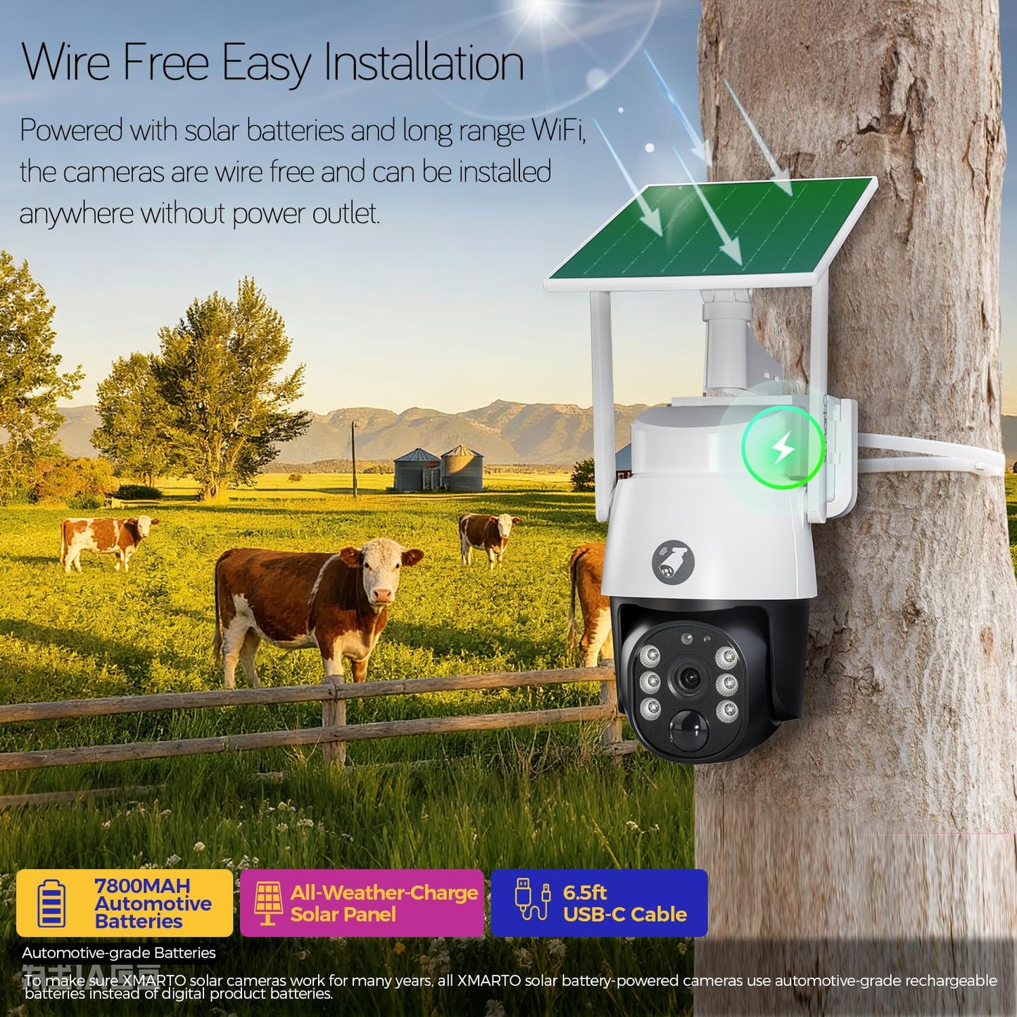 xmartO 4MP QHD Wireless PTZ Solar Security Camera, WiFi 6 5G Dual Band, Wire-Free Easy Installation, No Monthly Fee, Outdoor/Indoor Home Use