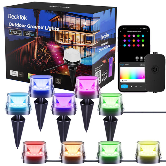 DeckTok Outdoor Ground Lights, 50ft Smart RGBCW LED Pathway Lights Work with Alexa, Google Assistant, 15 Pack IP67 Waterproof Landscape Lighting
