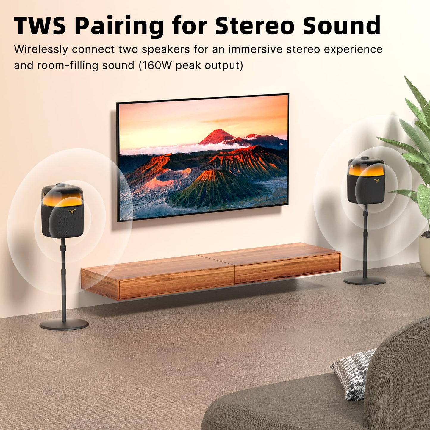 S2 Bluetooth Speaker, Portable Wireless Speaker with 80W Peak Power, Enhanced Bass/Treble, IPX5 Waterproof, 360-degree LED Lights, 12H Playtime, TWS