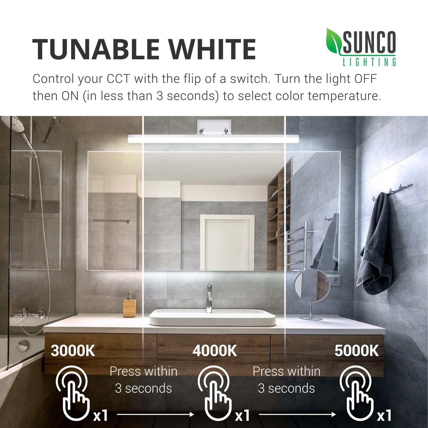 Sunco Lighting Modern Vanity Light Fixture, LED Bathroom Bar Lights, 15W=100W, Selectable White (3000K/4000K/5000K), 1100 LM Chrome Finish, Adjustable