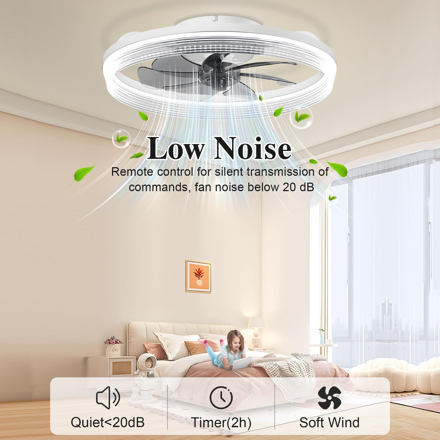 Ceiling Fans with Lights and Remote Fandelier - 20'' White Flush Mount Low Profile Modern Ceiling Fans for Bedroom - Stepless Color Temperature and 6