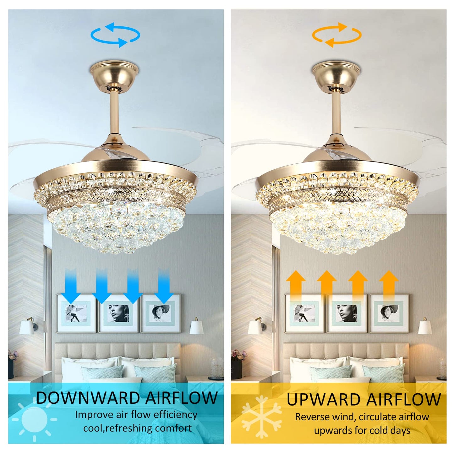 Panghuhu88 42" Invisible Ceiling Fan Chandelier with Light,Modern Crystal Ceiling Fan Light Remote Control 4 Retractable ABS Blades for Bedroom Living