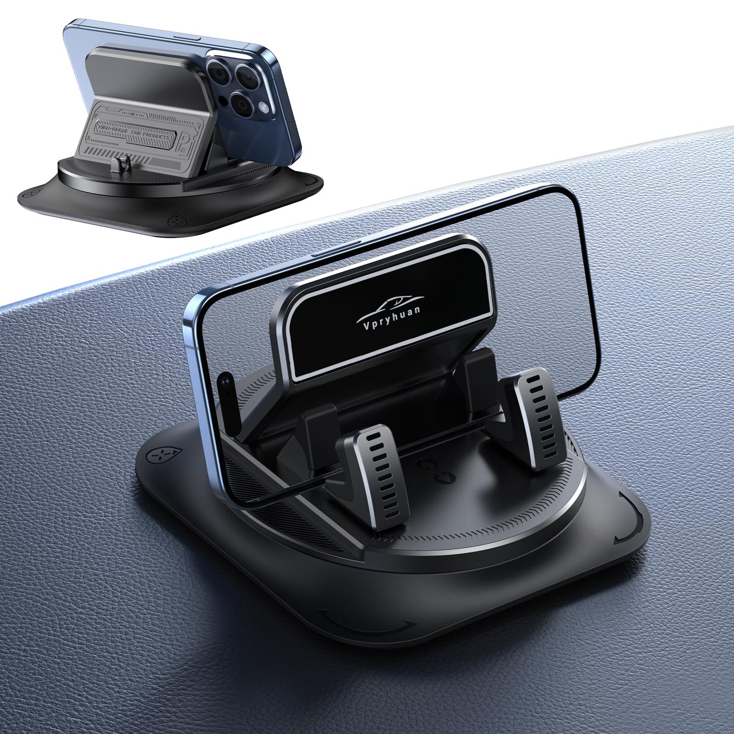 Vpryhuan 360 Degree Rotation Dashboard Phone Holder for Car, Anti-Slip Grips & One-Hand Operation Car Cell Phone Mount with Adjustable Spring Clip