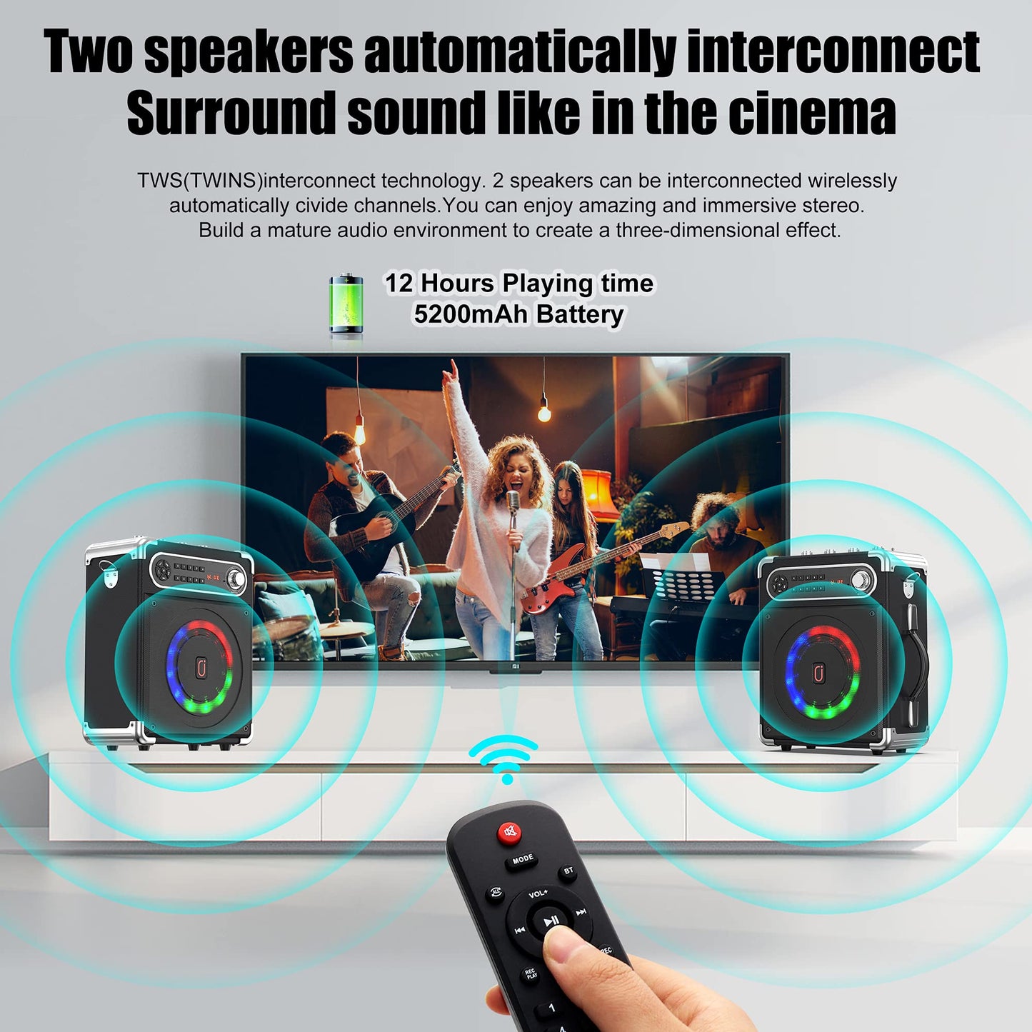 JAUYXIAN Bluetooth Speaker with Two Wireless Microphones, Outdoor Speaker with Subwoofer/Tweeter, Portable PA Speaker System with Remote Control