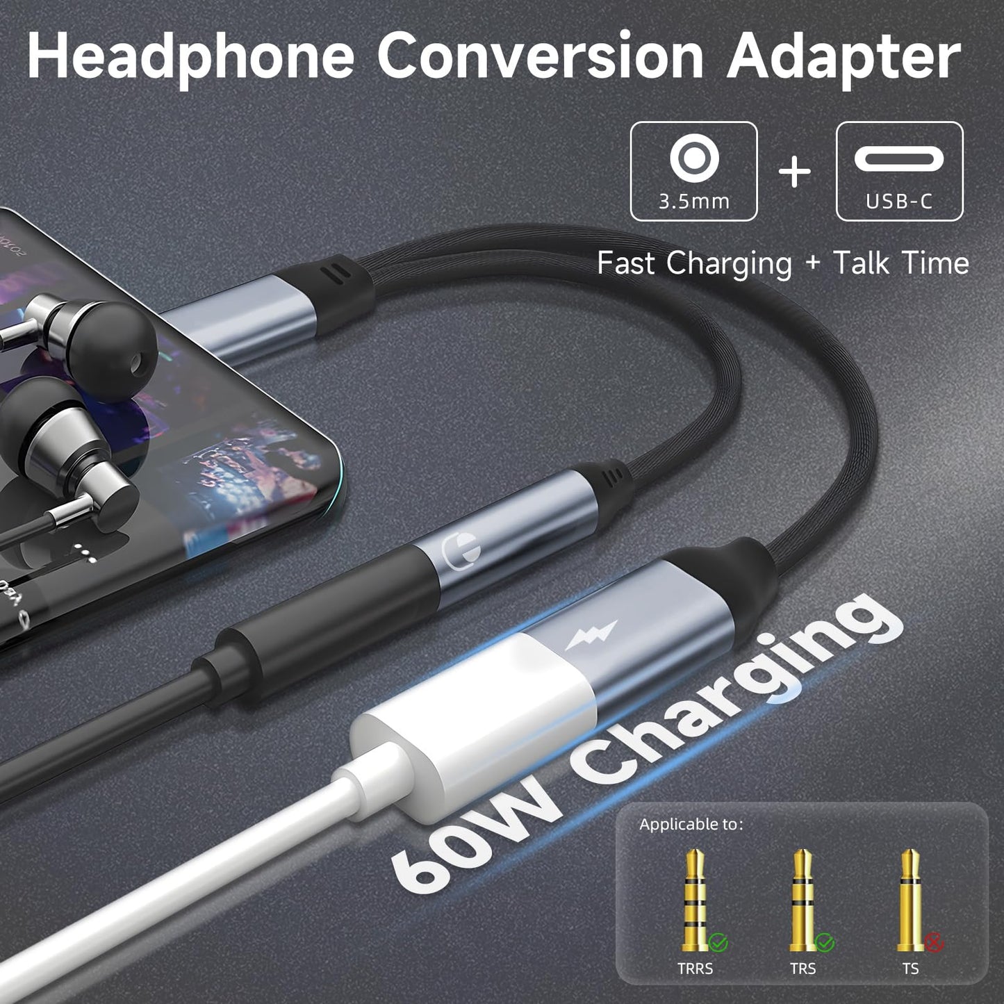 MOYAGOA USB C to 3.5mm Headphone Jack and Charger Adapter, 2-in-1 Audio & Fast Charging Splitter for iPhone Supports Hi-Res Lossless Sound