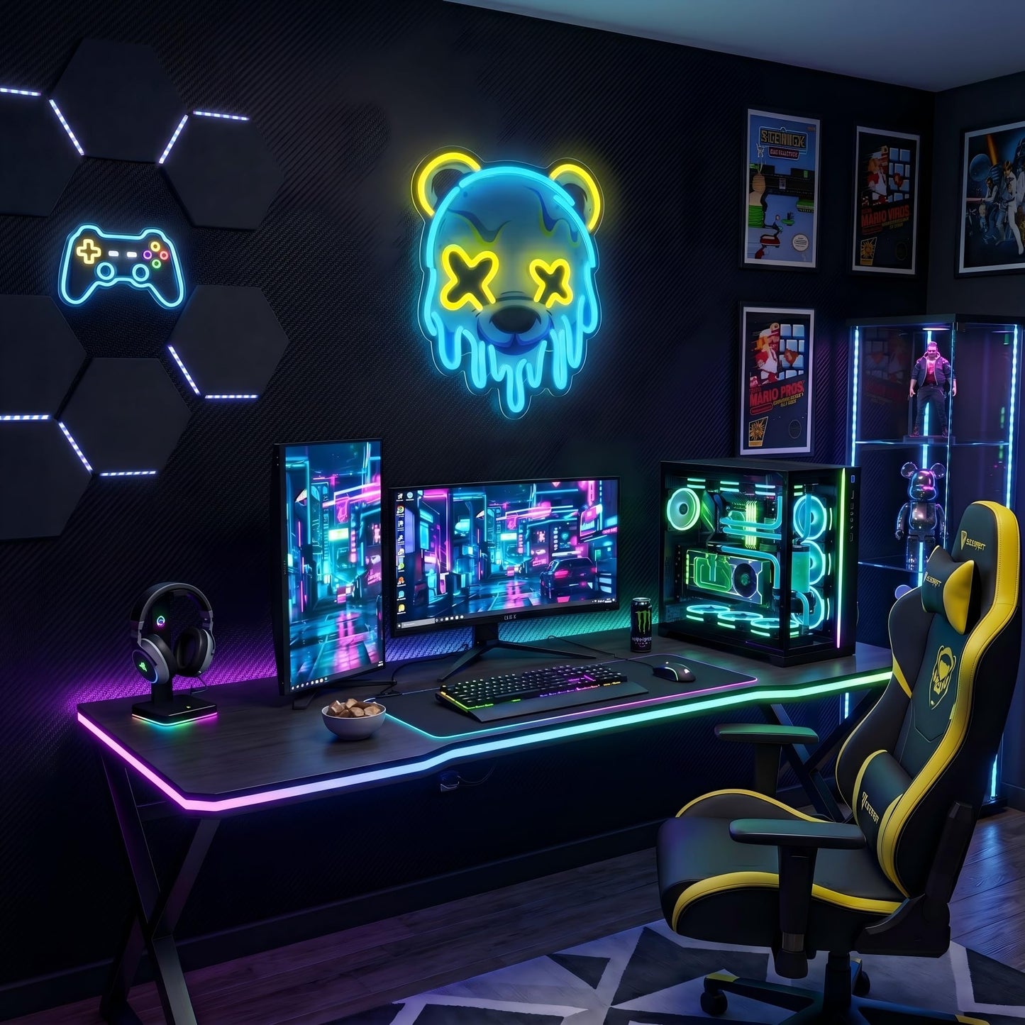 Melting Bear Neon Sign, Cool Yellow & Blue LED Signs for Wall, Dimmable Neon Signs for Wall Decor with Memory Function, Cyberpunk Decor for Gaming