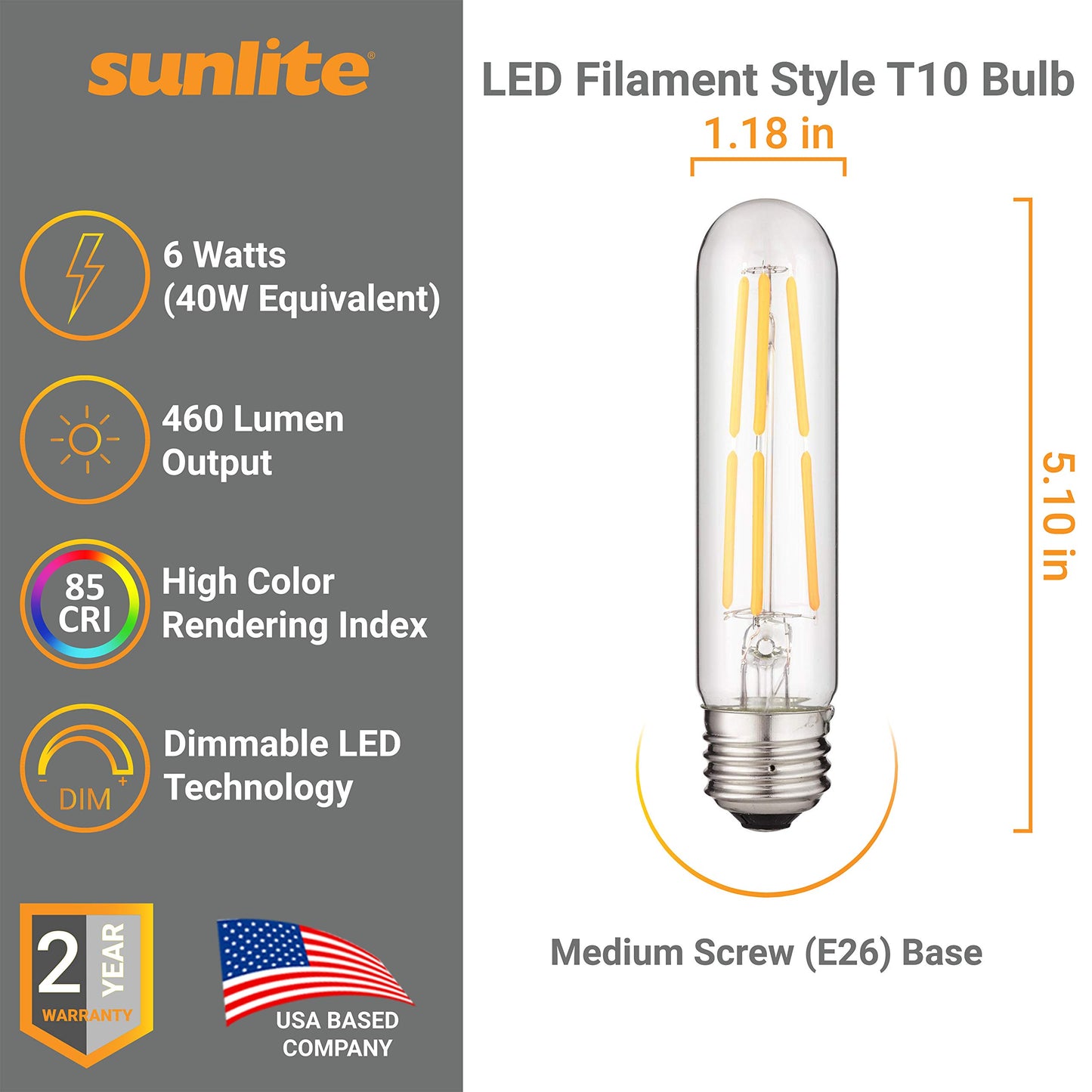 Sunlite 41149 LED Filament T10 Tubular Light Bulb, 6 Watts (40W Equivalent), 460 Lumens, Medium E26 Base, Dimmable, 128 mm, 85 CRI, ETL Listed, 2200K