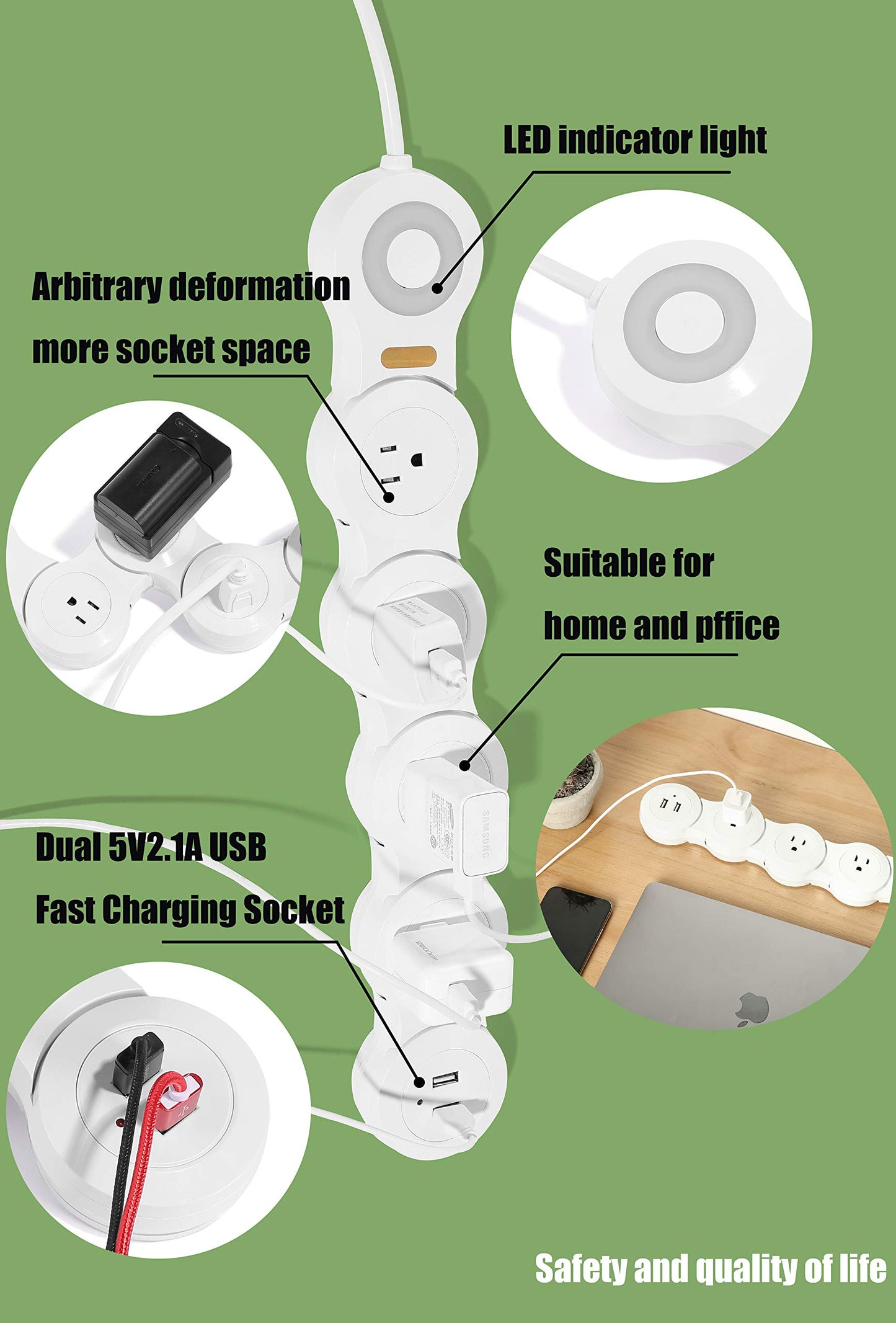 Flexible Surge Protector Power Strip, 6 Feet Long Cord 4 Outlets 2 USB ?10V/13amp Flat Plug? with Overload Protection Extension Cord,Suitable for Home