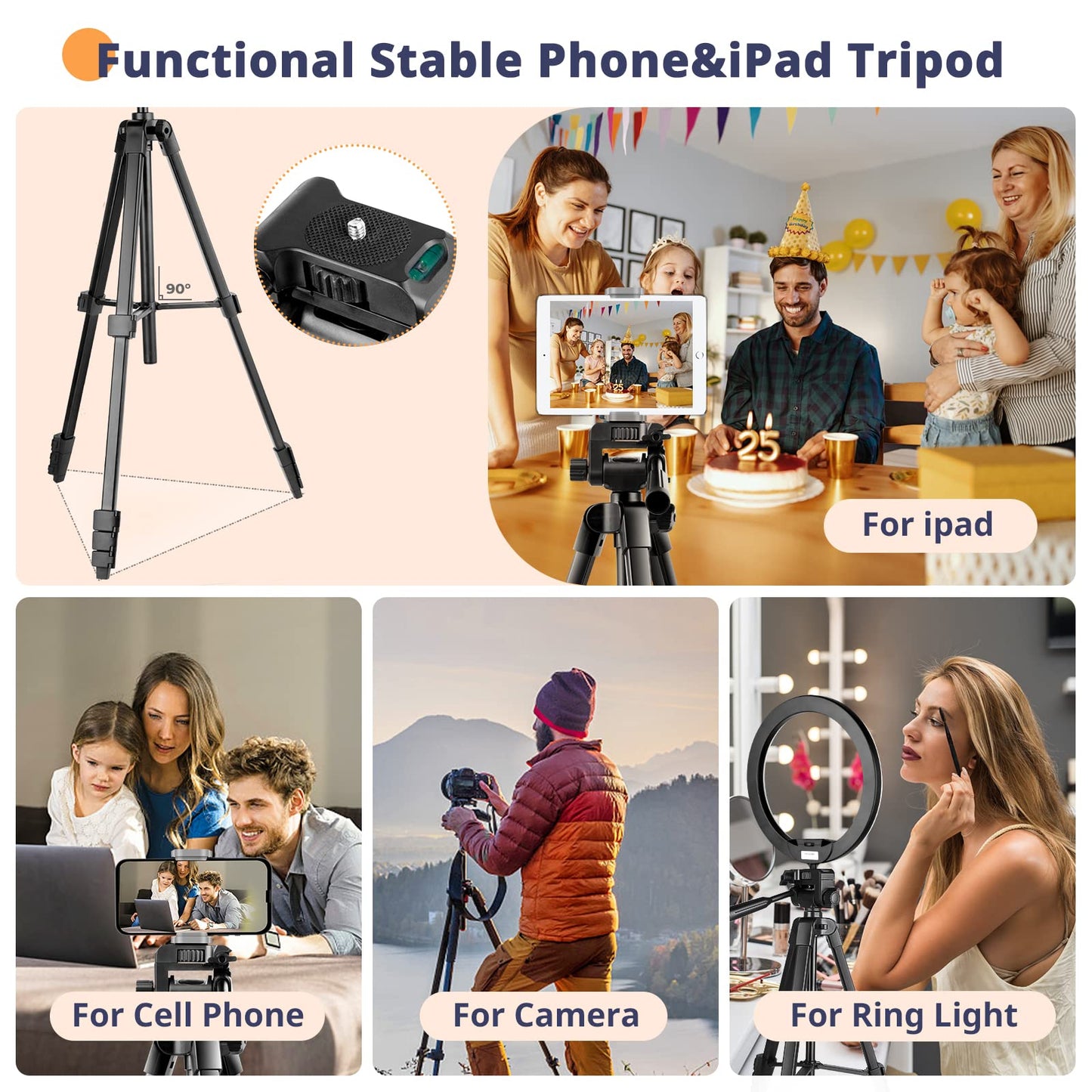 65” Phone&Tablet Tripod, Aureday Cell Phone Tripod for iPhone with Wireless Remote and Phone Holder, Extendable Stand for iPad, Suit for Video