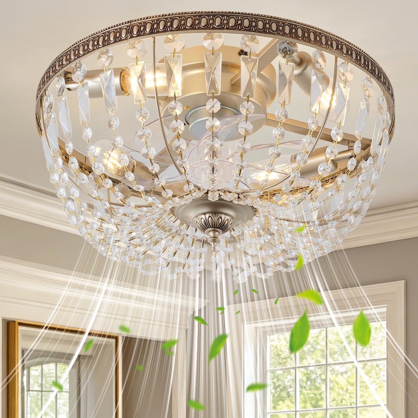 Thoxipn 20inch Gold Crystal Flush Mount Ceiling Fan With Lights Low Profile