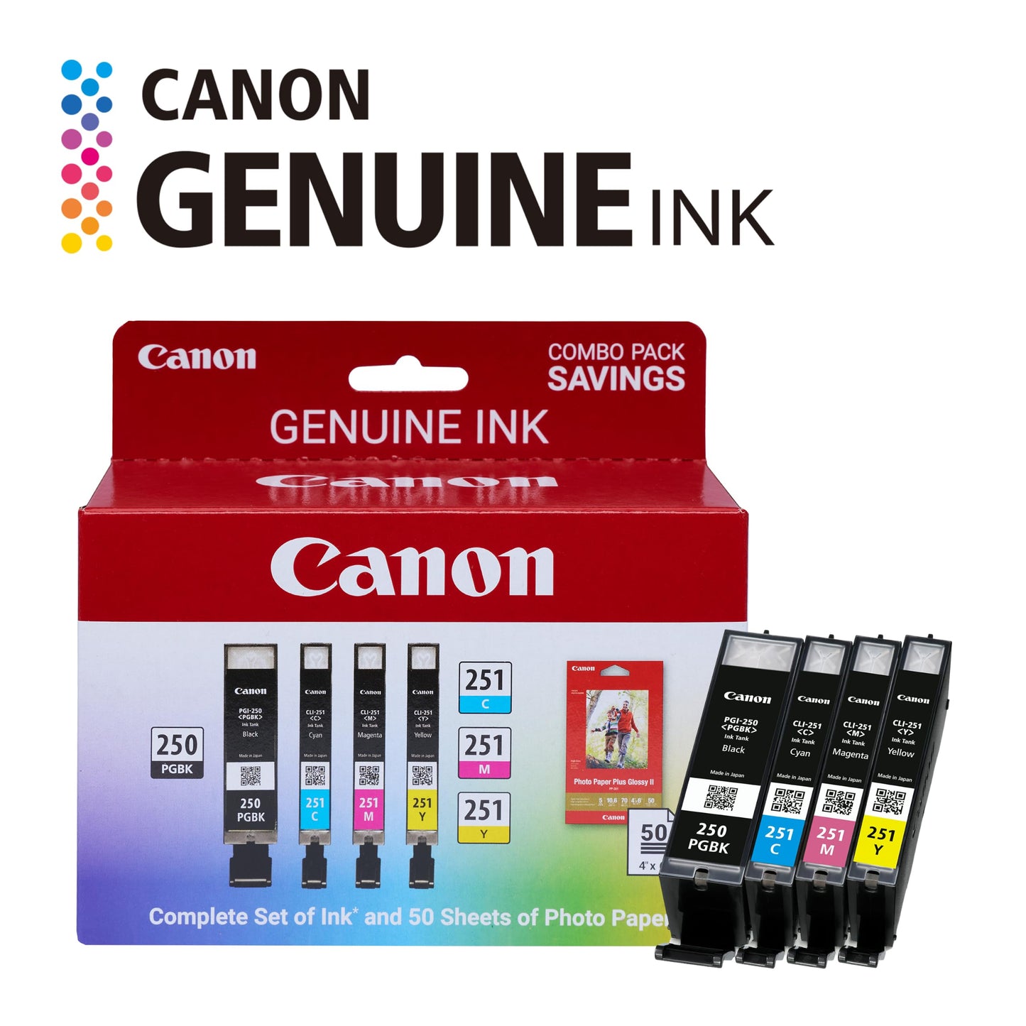 Canon PGI-250/CLI-251 Genuine Combo Pack with 50 Photo Paper Sheets, Compatible with iP7220 & MG5420, MX922, MG7120, MG6420, MG5520, iX6820, iP8720