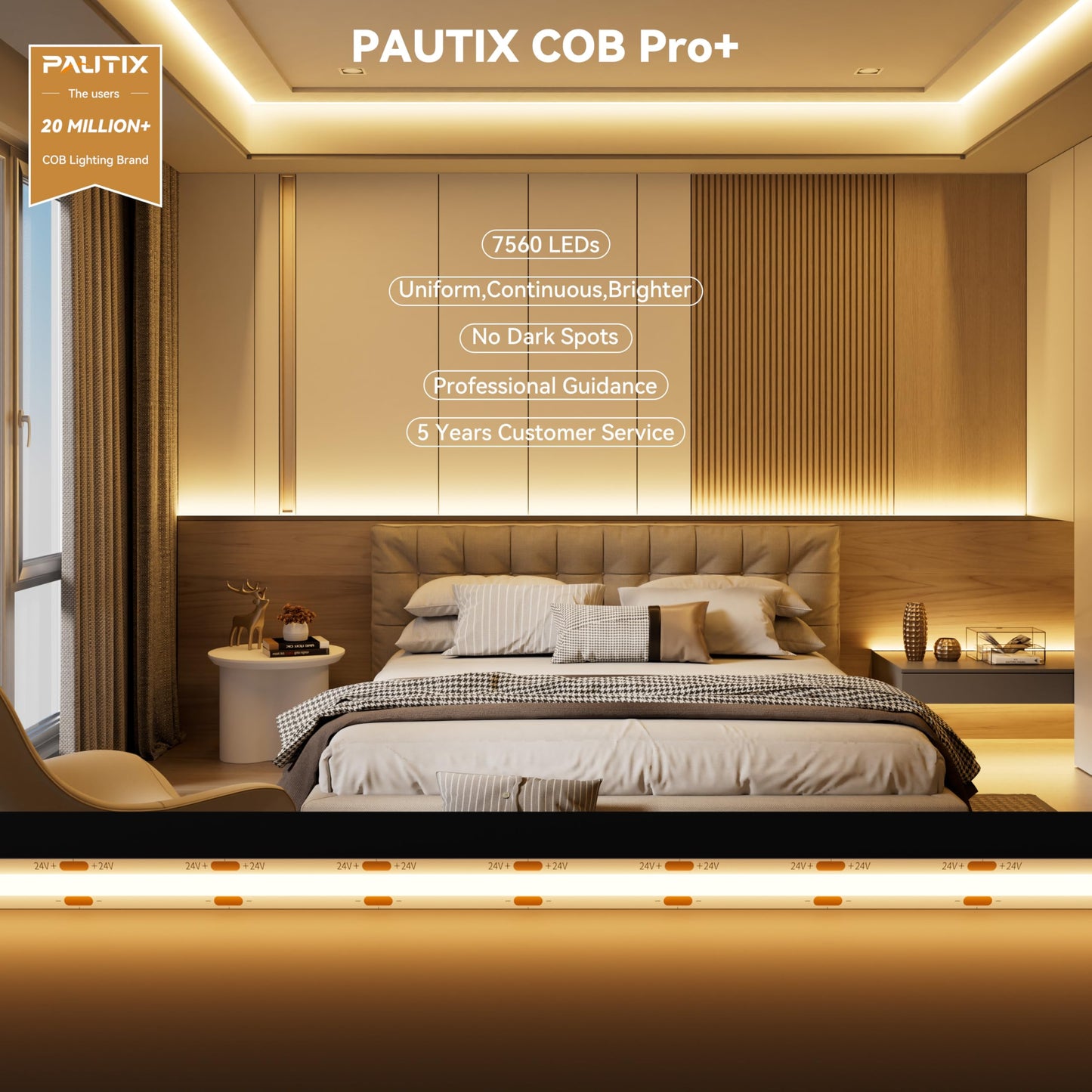 PAUTIX COB LED Strip Lights 48ft/15m Super Bright,504 LEDs/m Warm White 2700K CRI90+ Flexible LED Tape,DC24V for Cabinet Home DIY Lighting Projects